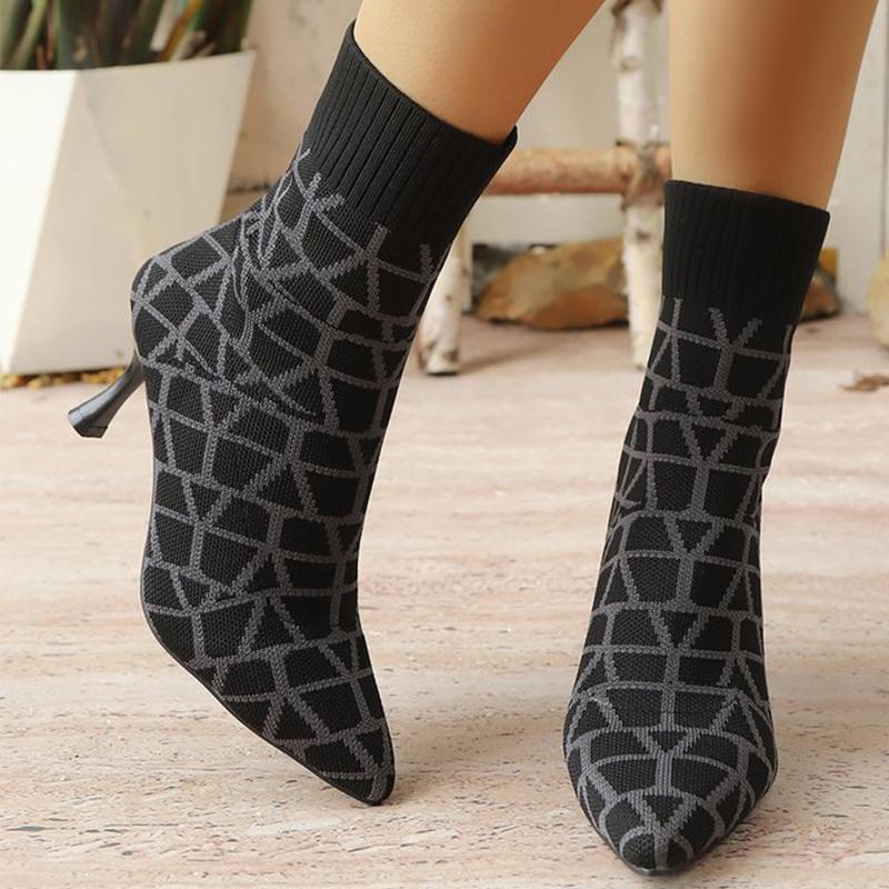Fashion Autumn Fashion Plaid High Heel Boots Women Breathable Knitted Mesh Sock Boots Woman Pointed Toe Plus Size 36-43 Botas Ladies