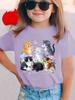 Girls' Cartoon Cat Printed T-Shirt Polyester Summer Elementary Girl Clothes Short Sleeve Children Top Kawaii T-Shirts Girl Tops