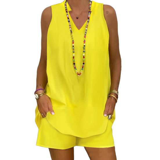 2 Stück/Set Damen T-Shirt Shorts Set Locker V-Ausschnitt Ärmellos Stehkragen