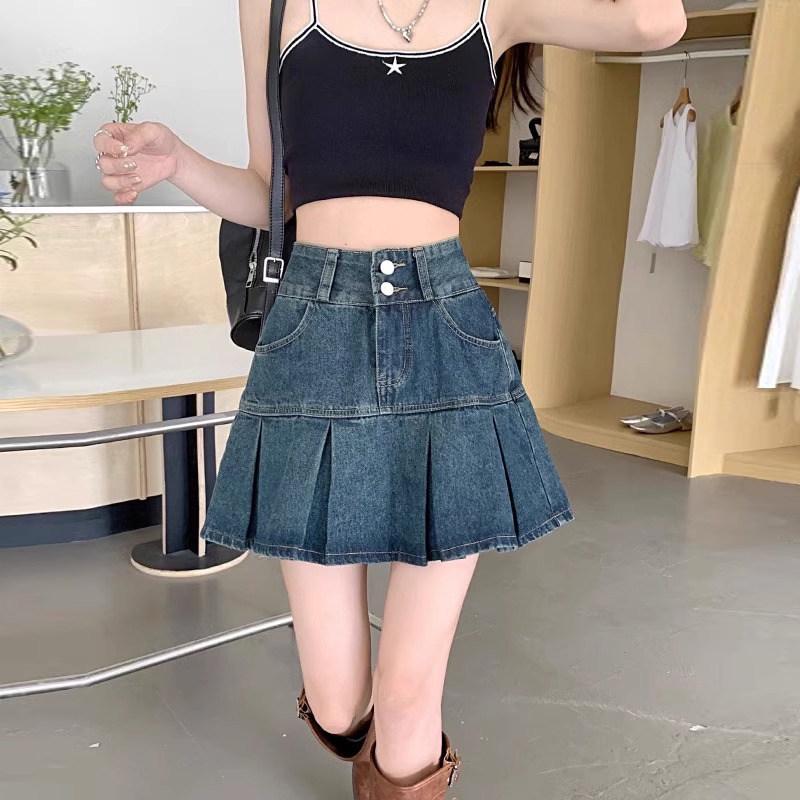 High-waisted Retro Denim A-Line Skirt for Women - Summer Korean Style, Tummy-Covering, Slimming, Designer Niche, Short Pleated Skirt