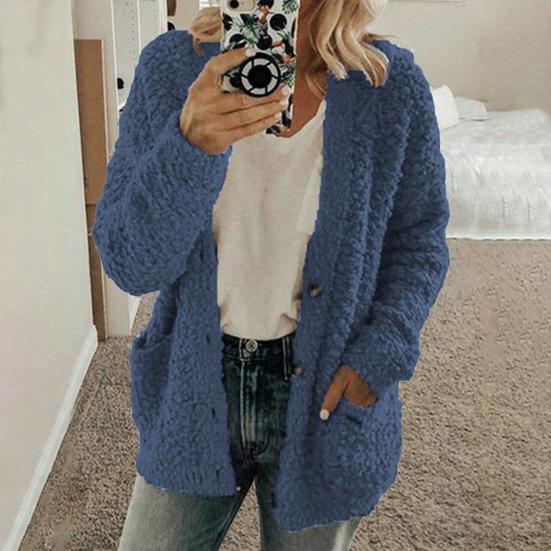 Winter Women Jacket with Double Pockets Thick Fleece Single-breasted Cardigan Long Sleeves Warm Windproof Heat Retention Outdoor Coat