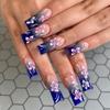 24 buc Unghii False Albastre cu Gradient Lung Tip Sicriu Elegante Roz Alb cu Design Floral Reutilizabile Pentru Femei