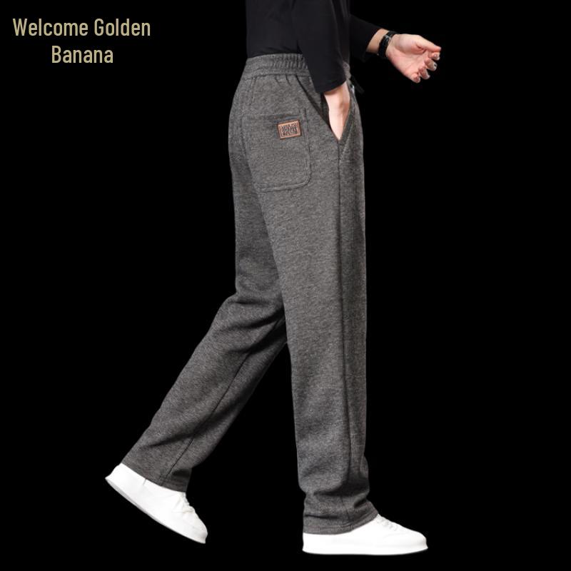 Men's Warm Loose-Fit Straight-Leg Fleece-Lined Woolen Casual Trousers