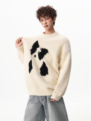 Unisex Korean Cartoon Puppy Knit Sweater - Autumn/Winter, Layered Warmth, Soft Round Neck, Lazy Style.