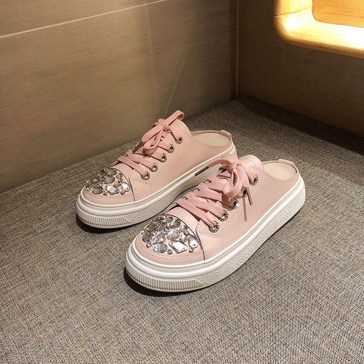 Baotou Half Slippers Women's Fashion Outer Wear 2025 New Summer Rhinestone Lazy Breathable Women's Shoes Platform Tide Sandals