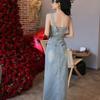 2026 Spring Retro Hong Kong Style Spaghetti Strap Denim Dress - Niche Design Waist-Cinching Long Dress for Women