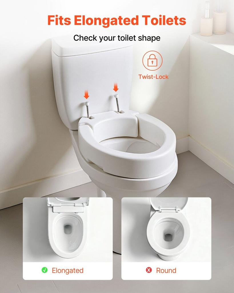 Raised Toilet Seat, 136.1 kg Load Capacity, 88.9 mm Lift Height, Commode Elevated Toilet Seat Riser with Enlarged Opening for Seniors, Elderly,