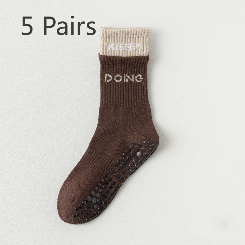 

5 пар двойных ребристых носков для йоги, женские хлопковые летние носки для пилатеса, спорта, осени и зимы, профессиональные нескользящие чулки оптом 5 pairs кофейный