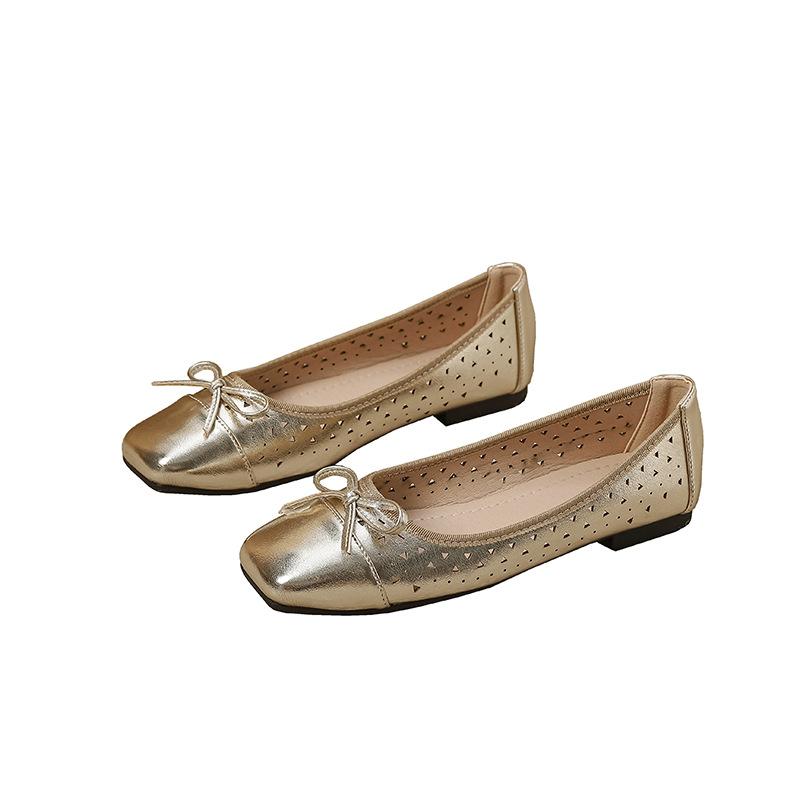Fashion Women Simple and Elegant Daily Hollow Square Toe Ballet Flats Plus Size Solid Color Bow-Knot Slip-On Comfortable Mary Jane Shoes