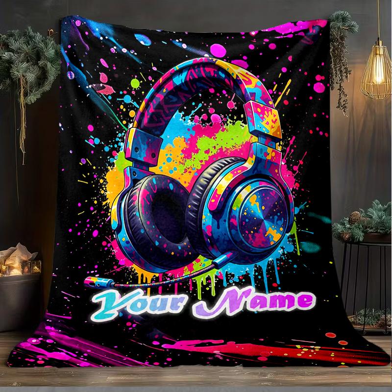 1PC Custom Name Music Headphones Artwork outdooor Flannel blankets Patterns Throw Blanket All-Season Soft Gift for Couch, Bed, Camping gifts