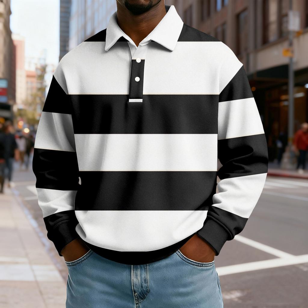 Herren Lässiges Lockeres Colorblock-Print Revers Knopf Langarm Oberteil