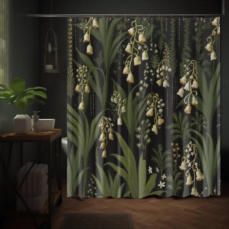 Moody Goblincore Birthflower Shower Curtain - Botanical Lily of the Valley Design, Dark Academia Cottagecore Bathroom Decor W90xH180cm