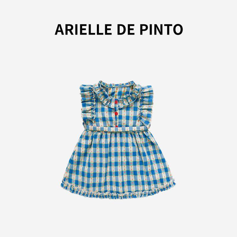 Французское платье для девочки Arielle De Pinto Летнее с летящими рукавами Пэчворк Клетка Жилет Платье принцессы Blue 90
