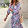 Women's Spring Fashion V-neck Long-sleeved Mid-length Bohemian Dress