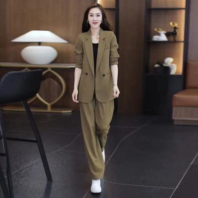 2 Pcs/Set Lady Formal Coat Pants Set Long Sleeves Double Buttons Cardigan Mid Length Jacket Loose Straight Wide Leg High Waist Trousers