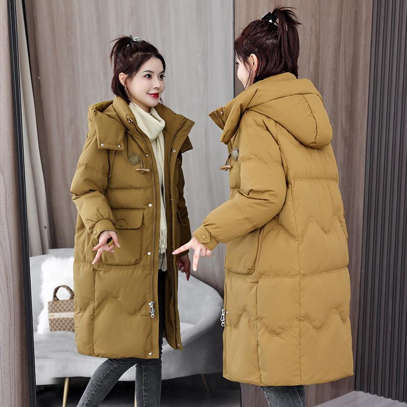 Autumn and Winter Women's Coat Horn Button Hooded Mid-length Loose Coat Thickened Warm Women's Jacket