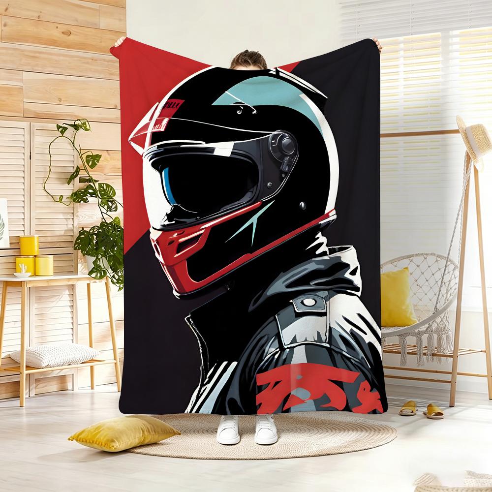 Retro Biker Helmet Graphic Throw Lightweight 240G Flannel Blanket Soft Skin-Friendly For Summer Cooling
