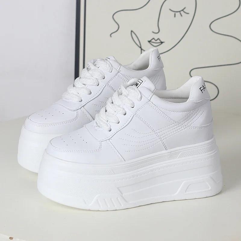 Fashion 12CM Synthetic Women Stable High Platform Chunky Sneakers Fashion Spring Autumn Vulcanize Cow Genuine Leather Lace Up Shoes