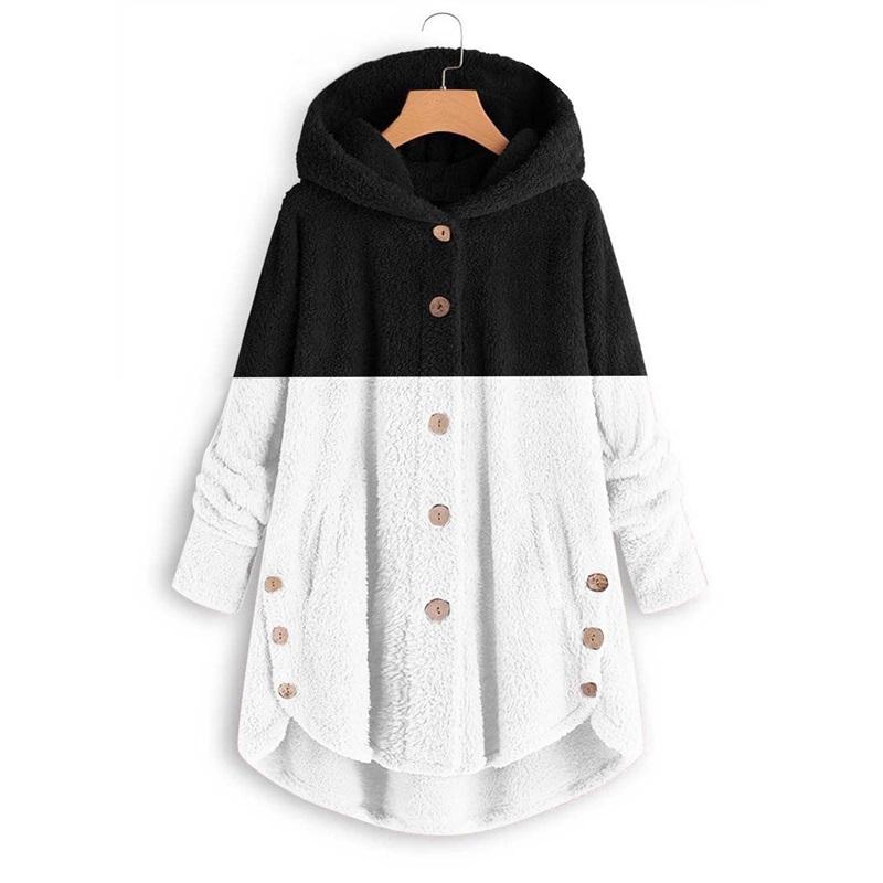 Women's Two-Tone Fleece Coat Hooded Button-Up Winter Warm Jacket