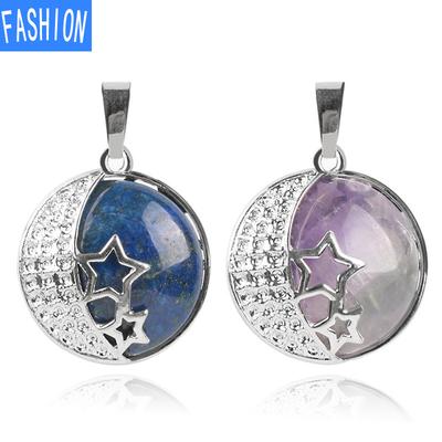 Natural Semi Precious Stone Pendant With Hollowed Out Back Round Moon Star Female Necklace Crystal