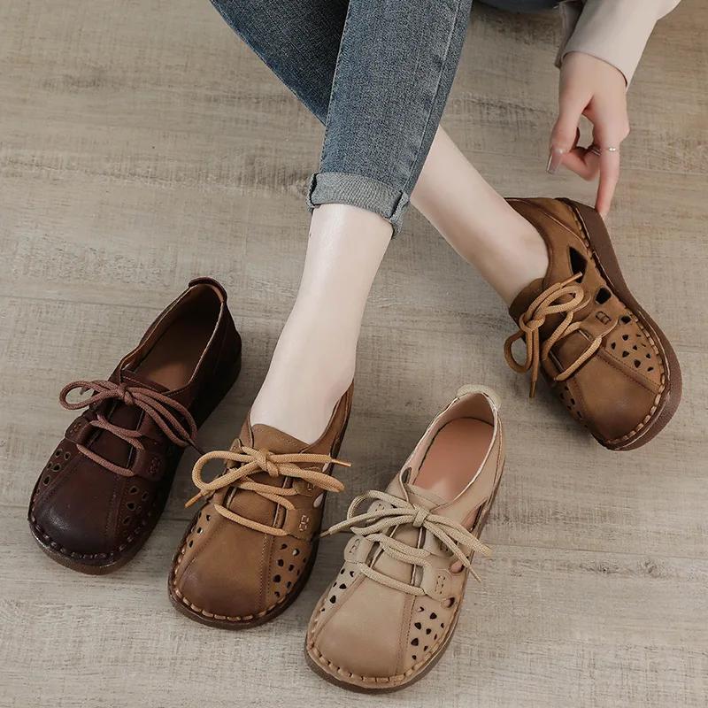 Cow Genuine Leather Soft Soled Hollow Sandals for Women Retro Casual Women Shoes Comfy Retro Wide Toe Thick Soled Women's Shoes