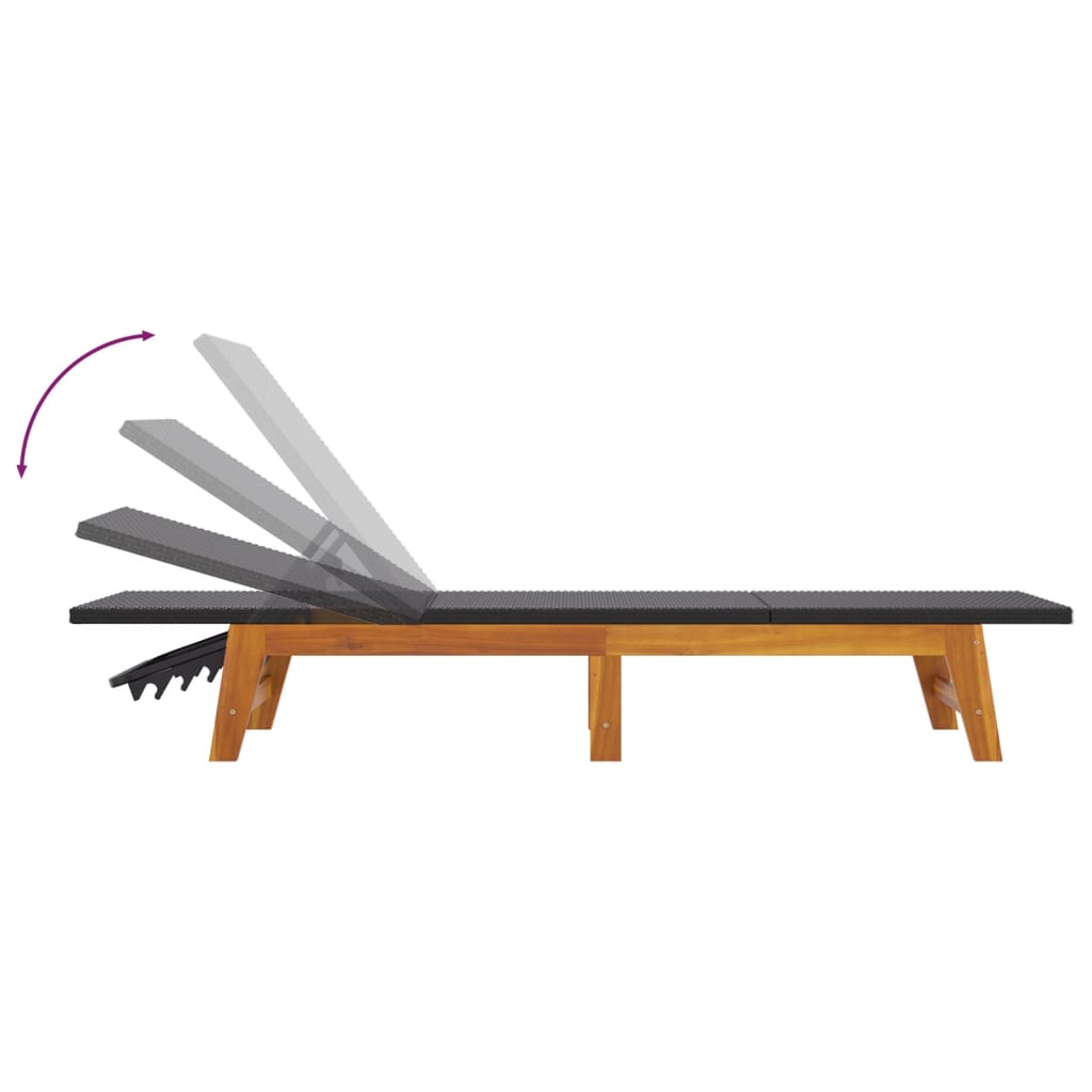 Sun Lounger in Black and Brown Poly Rattan & Solid Acacia Wood