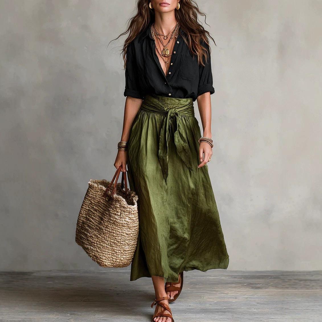 Women s Long Sleeve Shirt and Tie Waist Maxi Skirt 2 Piece Casual Outfit S