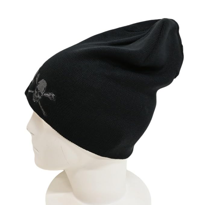 Vanson NVCP-2514 Baumwoll-Beanie, Strickmütze mit Totenkopf-Design, Herren Biker-/Motorradmütze (JP, Alphabet, Einheitsgröße, Schwarz-B)