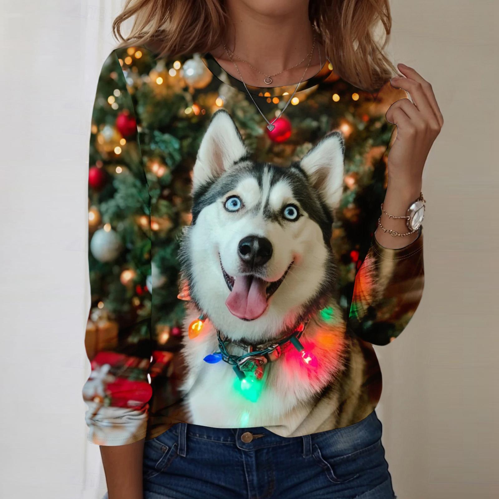 

Women s Christmas Printed Round-neck Loose Long-sleeved Top L