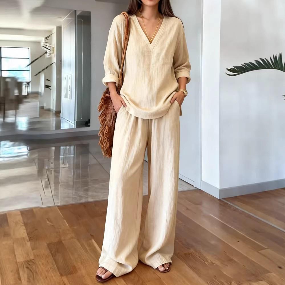 

Cotton Linen Long-sleeved V-neck Trousers 2piece Set Women Fashion Pocket Loose Wide-leg Trousers Female Casual Vacation Set 3XL