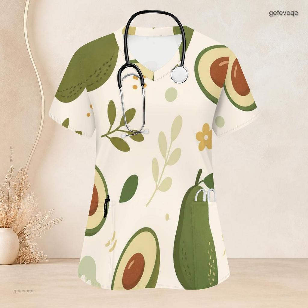 Women Plus Size Nurse Scrub Top V Neck Short Sleeve Tropical Leaf Printed With Front Pockets