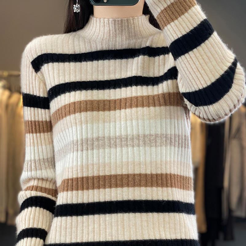 Pull Haut Col Rayé en Cachemire Tricoté pour Femme - Amincissant, Coupe Ample pour l'Automne et l'Hiver