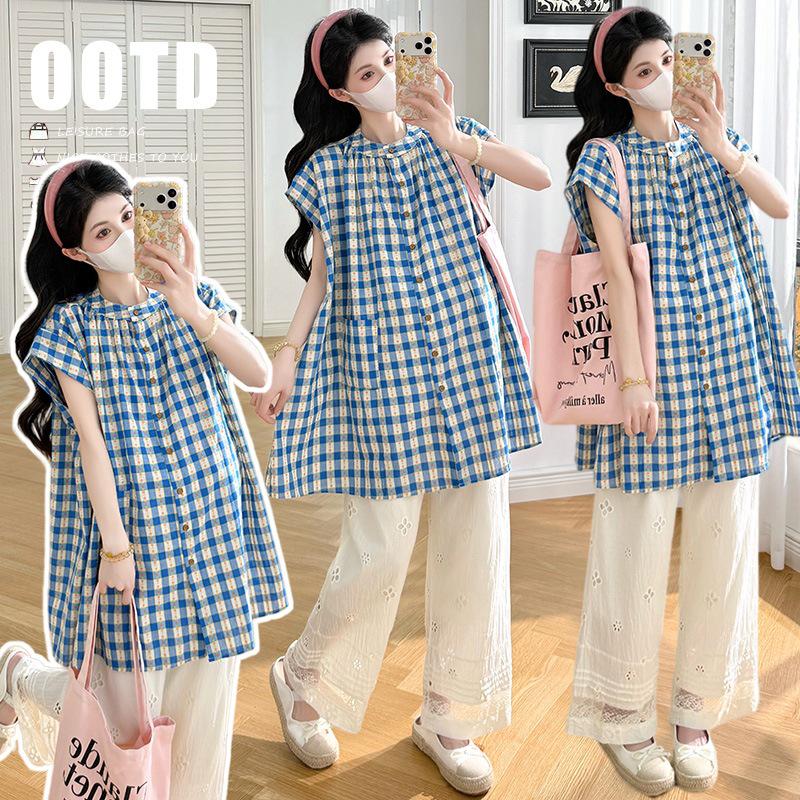 Summer 2026 Heart Plaid Cotton Linen Loose Shirt + Hollow Wide Leg Pants XXL