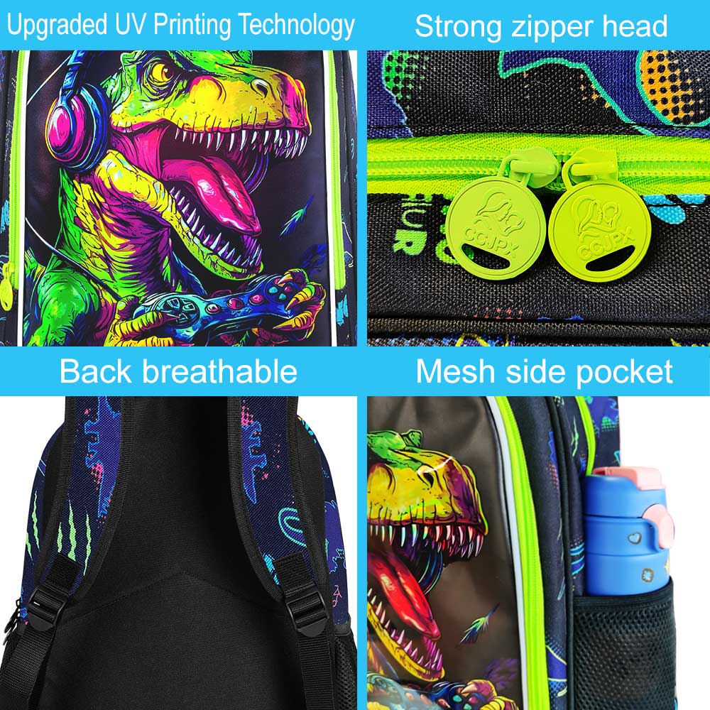 3PCS Kids Dinosaur Backpack for Boys, 16" Cool UV Printing Bookbag/School Bag with Lunch Box & Pencil Bag for Preschool To Eleme