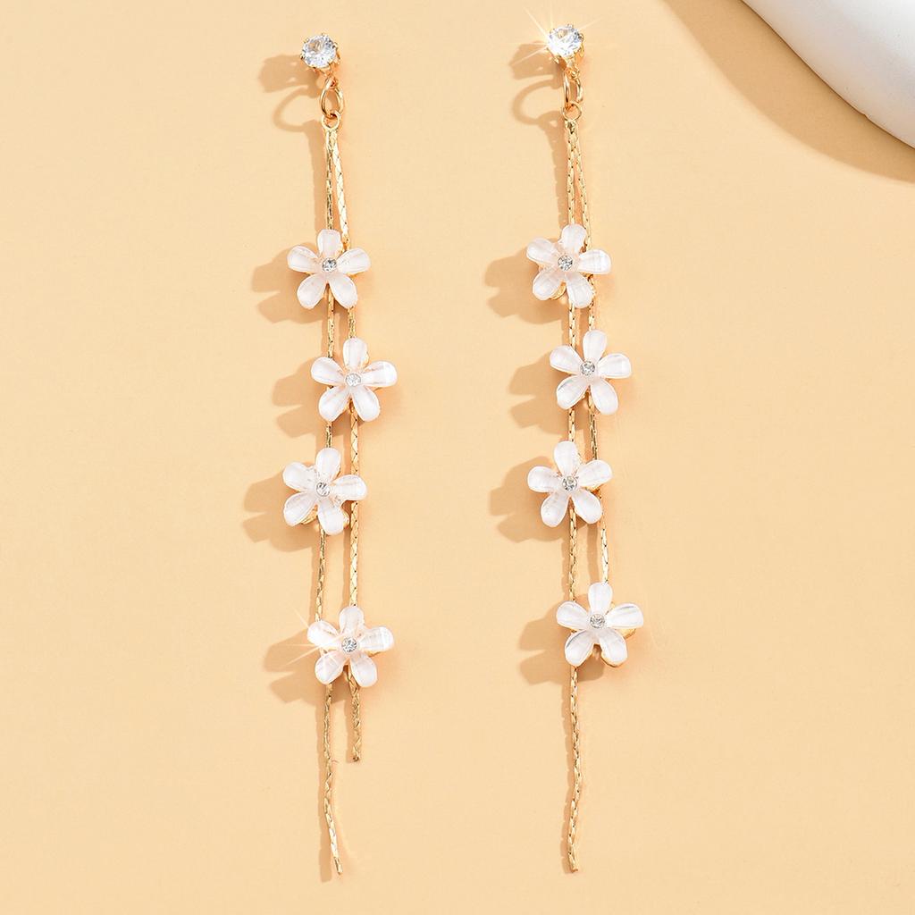 2Pcs Retro Sweet Long Tassel Cat'S Eye Stone Flower Women'S Earrings Birthday Event Gathering AccessoriesRetro Jewelry