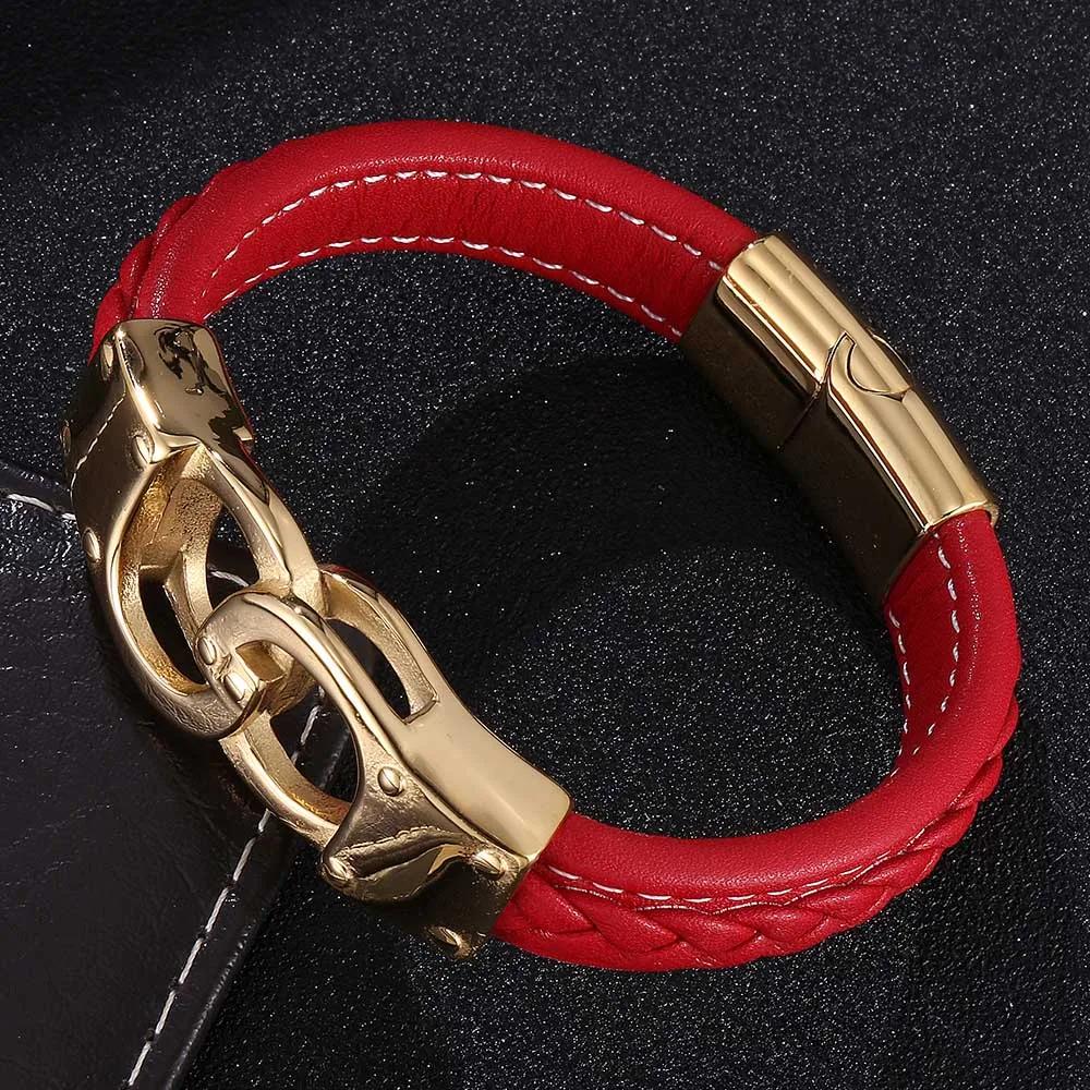 Punk Red Braided Leather Bracelet Stainless Steel Handcuffs Bracelets Buckle Wristband Jewelry Gifts
