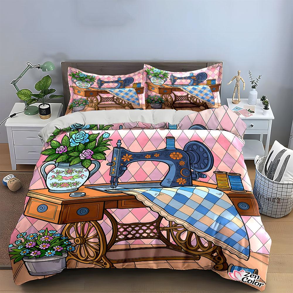 Vintage Sewing Machine Decor Setup Exquisite Three-Piece Bedding Set Gift For Kids And Adults