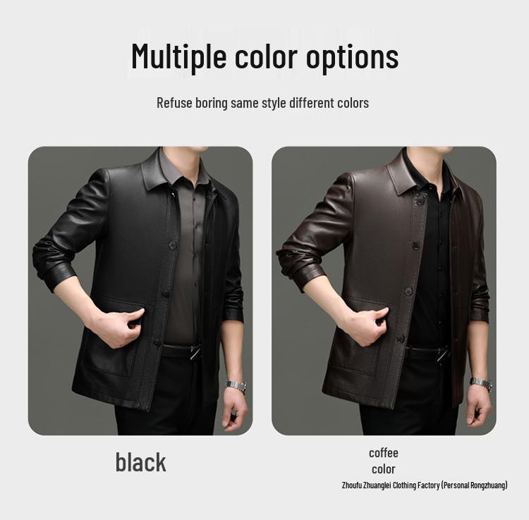Men's Casual Sheepskin Leather Jacket: Turn-Down Collar, Ideal for Spring/Autumn, Perfect for Middle-Aged and Elderly.