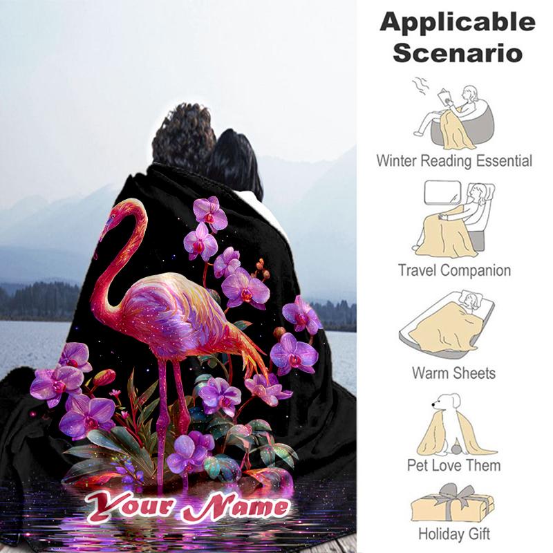 1PC Custom Name Flamingo Orchids flannel blanket versatile, all-season throw suitable for the living room, bedroom, camping, travel, and gift