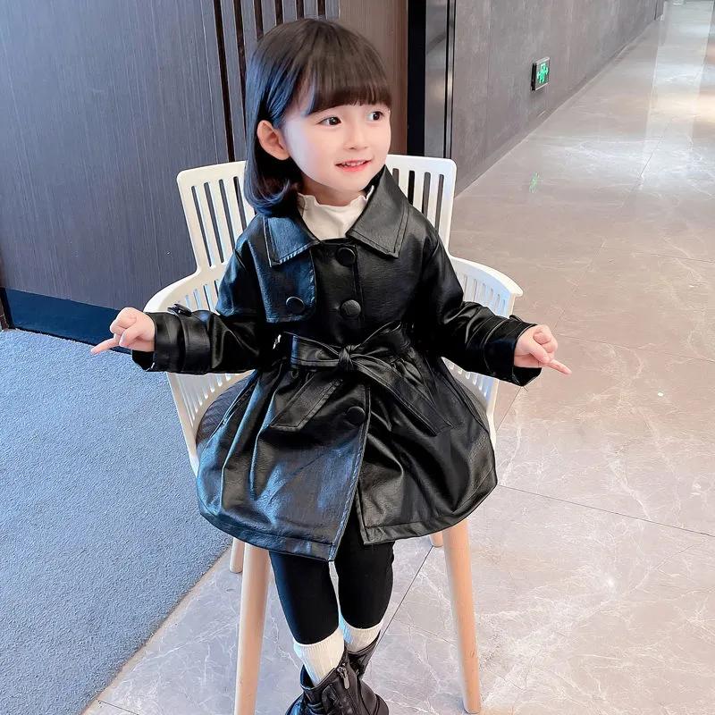

Корейский стиль, весенне-осенняя детская кожаная куртка с лацканами, длинный плащ для девочек 120 чёрный