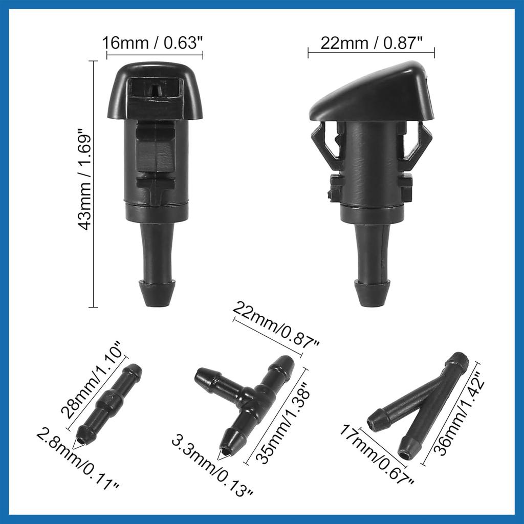 Front Windshield Wiper Nozzles Kit for Chrysler Town Country with Gaskets 3 Meter Fluid Hose - Pack of 6 Black Item Replacement