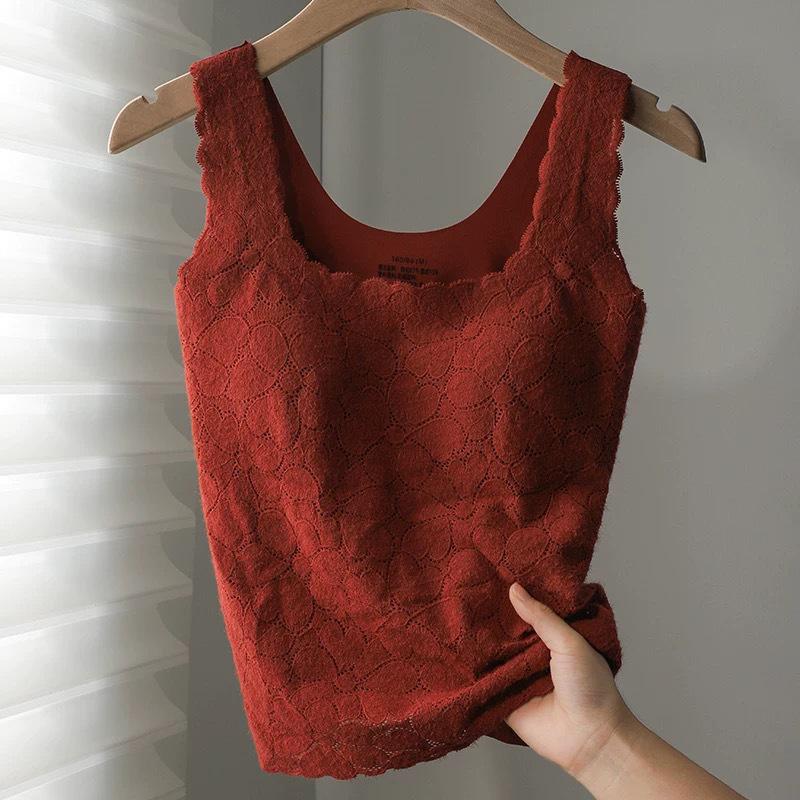 

French Lace Brushed Warm Vest for Women with Built-in Bra Pads and Beautiful Back - Autumn/Winter Collection L (Recommended 105-120 jin)