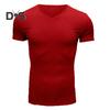 Men V-Neck Short Sleeve T-Shirt Fitness Slim Fit Sports Stripes Solid Color Tee Tops Breathable Gym Clothing for Sports Travel Office