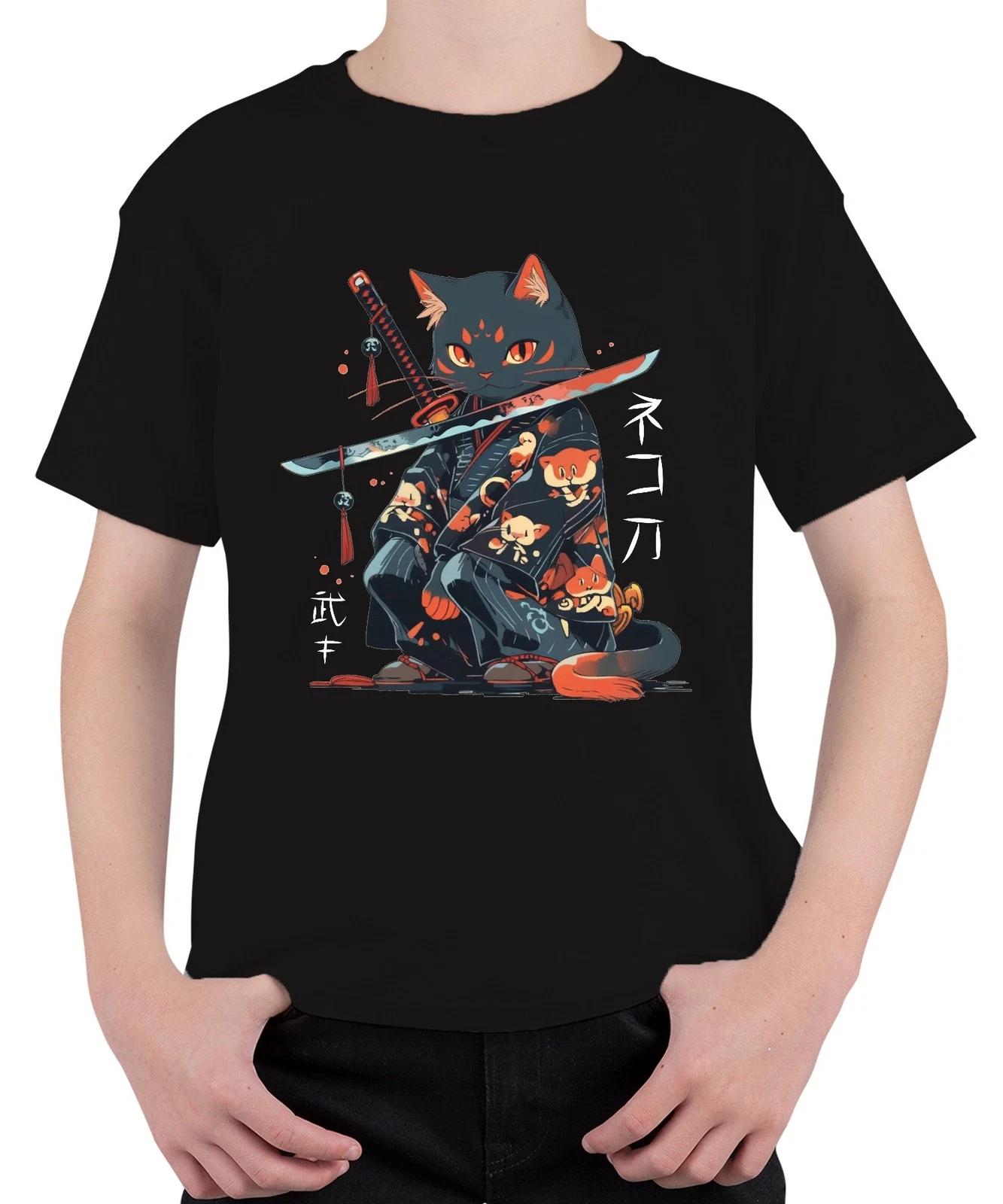 Samurai Katze Katana Kimono Kawaii Neko Japanisch Retro Manga Unisex Kinder T-Sh XL