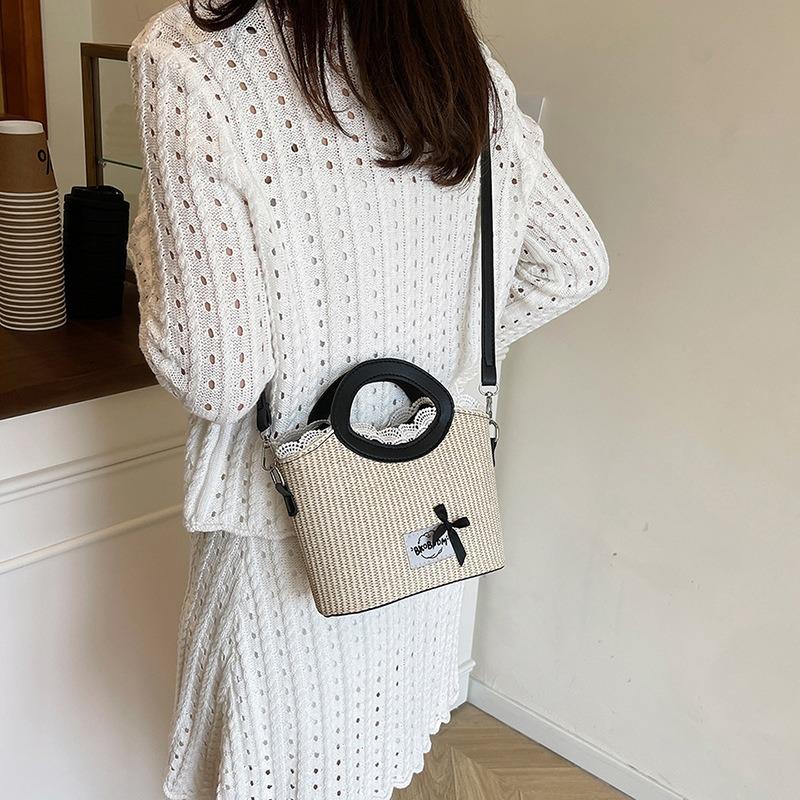 Sweet Bow Portable Bucket Bag New Fashion Literary Lace Edge Contrasting Color Versatile Shoulder Messenger Bag