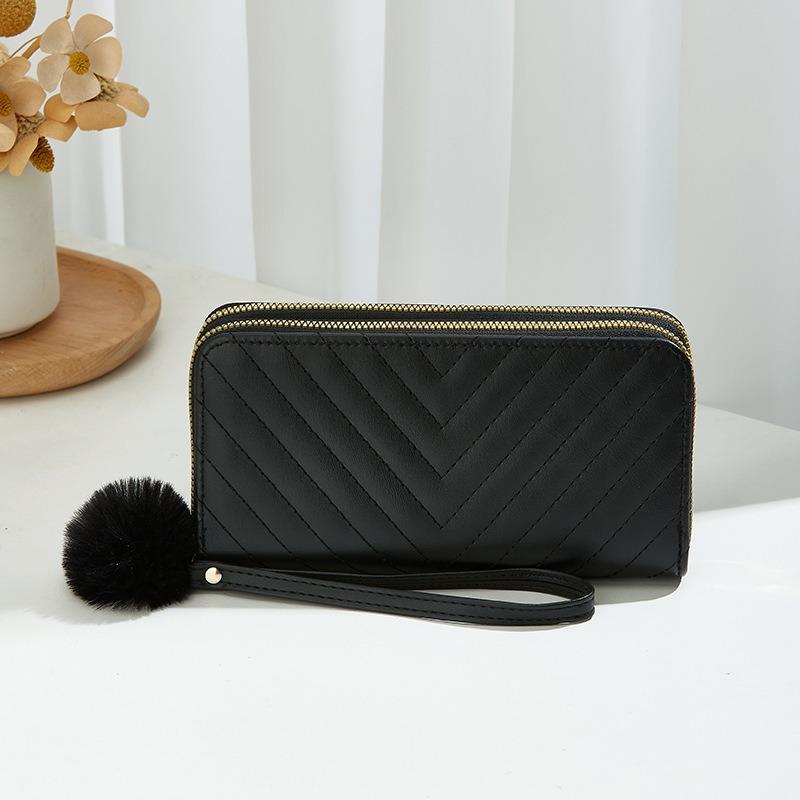 Women's long double-layer wallet, new oblique pattern embroidery hairball decoration, hand-held change bag, casual bag, one generation
