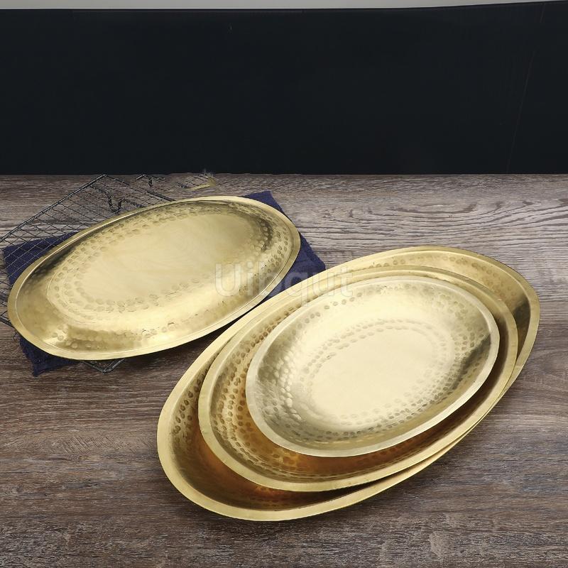 Pure copper Golden Storage Tray Metal Oval Dinner Plate Cake Display Kitchen Household Fruit Salad fish Plate Western Steak Tray