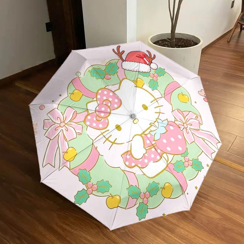 1pc Christmas Hello Kitty Wreath Decoration Umbrella with Plastic Handle,Suitable for All Seasons Home Travel Outdoor UmbrellaSanlio514