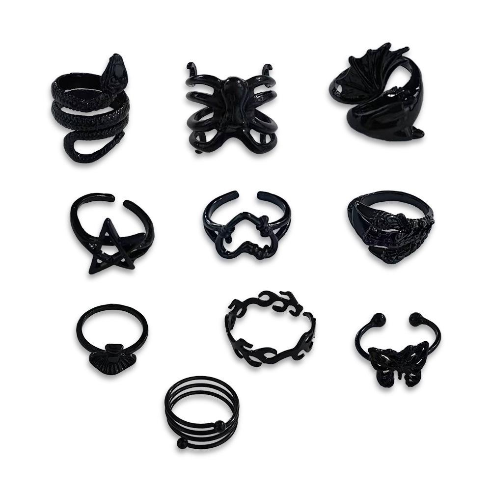 Personality Exaggerated Electrophoresis Black Butterfly Love Mushroom Five-Pointed Star Snake Claws 10-Piece Set Ring