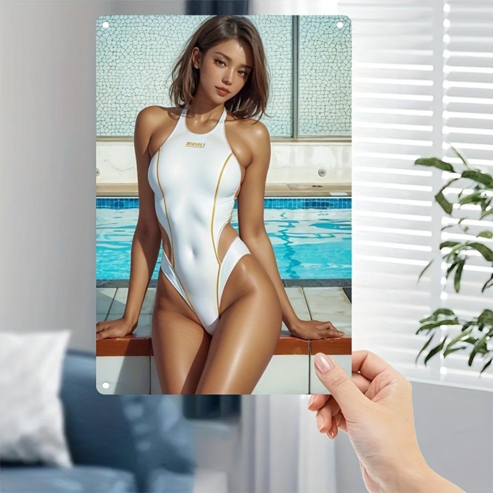 Metal Plaque Art Poster - Korean Style Girl & Swimsuit Wall Decor, Gold White Iron Wall Art for Home Cafe Bar Pool, Easy Install